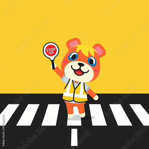 A Cheerful Character Directs Traffic With Stop Sign On Crosswalk, Yellow Background