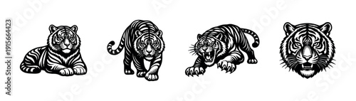 Tiger flat vector icons set: wild cat, tiger silhouettes, big cat illustrations