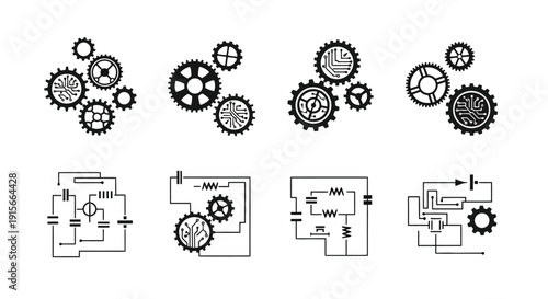 Black and white illustration of gears circuits and electronic components