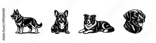 Dog breeds flat vector icons set. pet silhouettes and animal illustrations collection