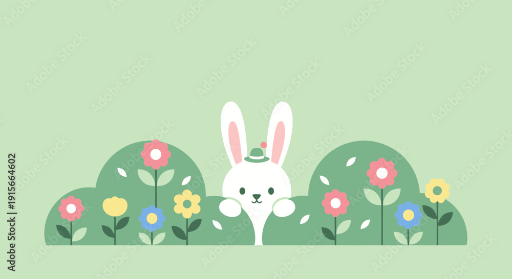 Fototapeta premium A Cheerful Rabbit Peeking From Floriferous Foliage Amidst A Verdant Meadow Scene