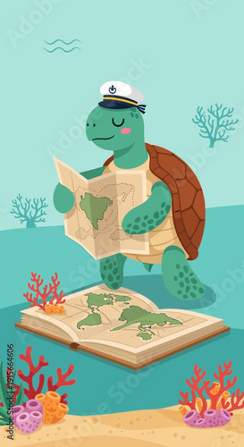 A Cheerful Sea Turtle Navigator Holding a Map Studying Global Oceans and Terrestrial Landmarks