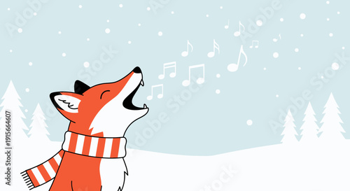 A Cheerful Singing Fox Amidst Falling Snow In A Winter Wonderland Scene