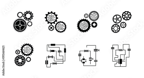 Collection of mechanical gears circuits and electronic components icons