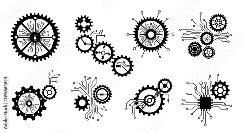 Black and white illustration of gears circuits and mechanical components