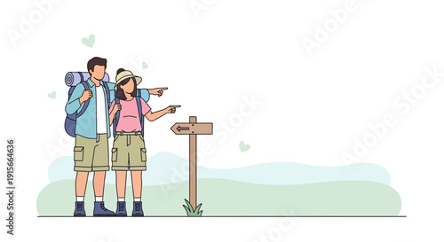 Adventurous Couple Navigating Outdoors With Backpacks At A Trail Sign