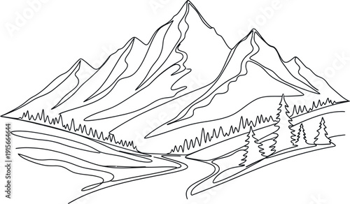Minimalist continuous line drawing depicting a majestic mountain range reflected over a winding river surrounded by evergreen trees creating a perfect natural landscape.