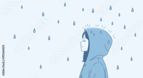 A Person In A Raincoat Enjoying The Rain, Peaceful Mind In A Blue Aesthetic Scene