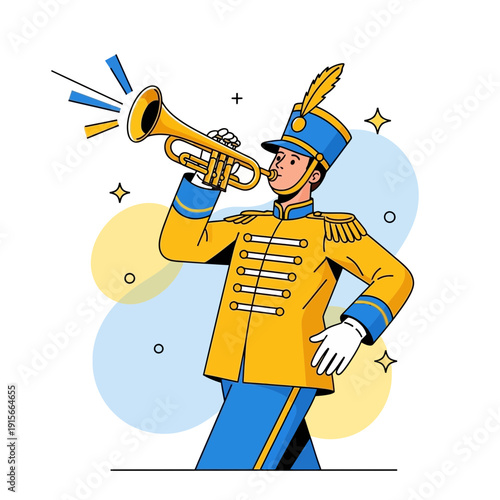 A Cheerful Trumpeter in a Vibrant Uniform Playing a Brass Instrument With Enthusiasm