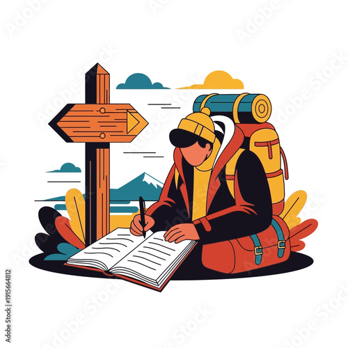 Adventurous Explorer Documenting Discoveries Near Scenic Mountain Vista