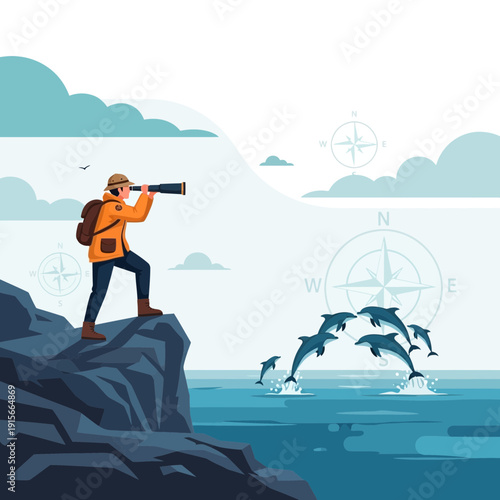 Adventurous Explorer Gazes At Dolphins Leaping From Ocean Waters