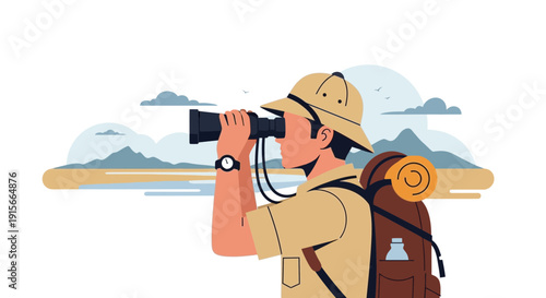 Adventurous Explorer Gazing Through Binoculars At Distant Mountains And Sky