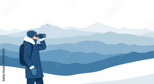 Adventurous Explorer Gazing Through Binoculars At Distant Mountains