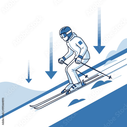 Active Skier Descending Snowy Mountain Slope With Speed Arrows