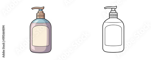 Liquid soap dispenser bottle in colored cartoon and line art styles representing a cosmetic container for hygiene isolated on a white background