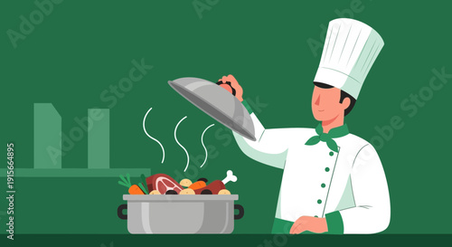 A Chef Unveiling a Culinary Creation in a Vibrant Green Kitchen Setting