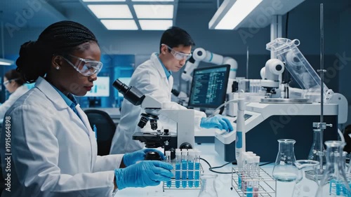 scientists working together in laboratory setting conducting experiments and research with various equipment and instruments in modern lab