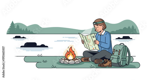 Adventurous Explorer Navigating Wilderness By Campfire Light