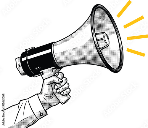 Person holding a megaphone to amplify their voice and attention isolated on transparent background, Vector
