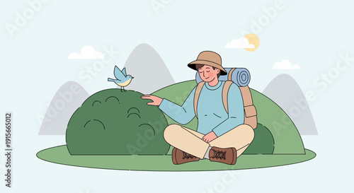 A Person Meditates in Nature While A Bird Lands Nearby With a Scenic Landscape
