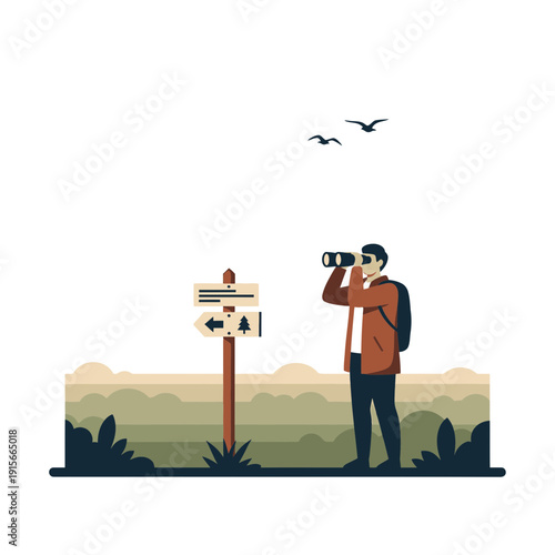 Adventurous Explorer Observing Landscape Using Binoculars While Standing by Directional Signpost