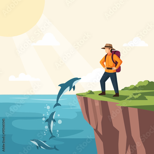 Adventurous Explorer Observes Dolphins Leaping From Cliff Overlooking Ocean