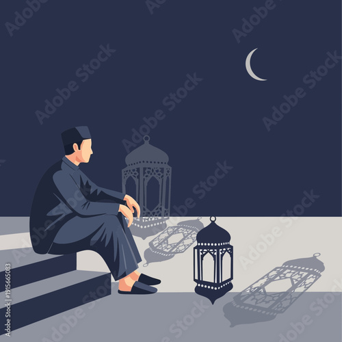 A Contemplative Figure Observes The Night Amidst Lanterns And A Crescent Moon