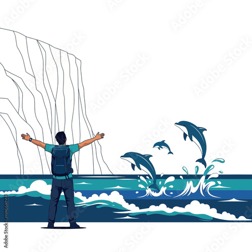 Adventurous Explorer Witnessing Majestic Dolphin Pod Leap From Ocean Waves