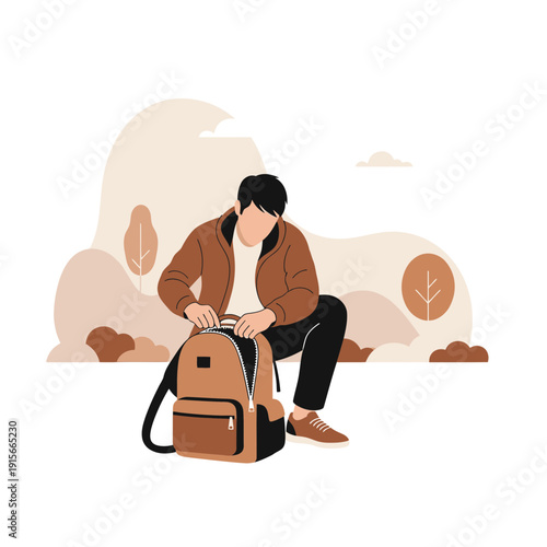 A Person Organizing Their Backpack Amidst Minimalist Natural Elements and Outdoor Scenery