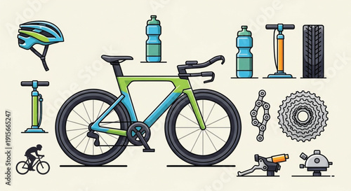 Mountain Bike with Cycling Equipment and Accessories Vector 