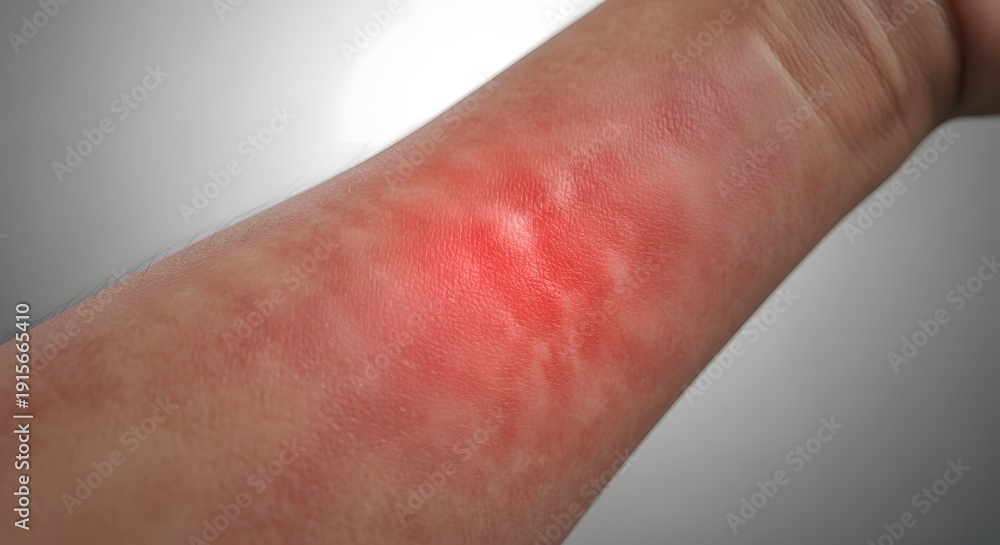 Fototapeta premium Close-up of severe skin allergy and red inflammation on arm. Detailed view of painful rash caused by insect sting or contact dermatitis. Ideal for medical and der