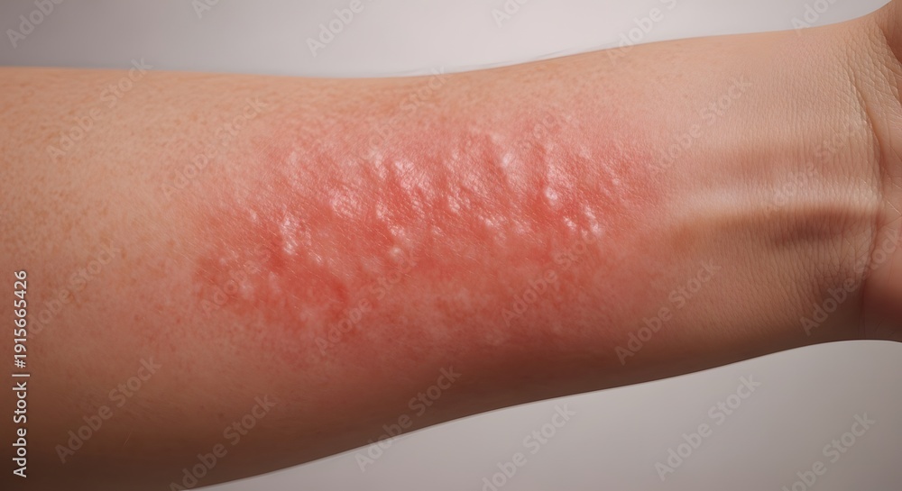Fototapeta premium Close-up of Shingles Rash on Human Arm Detailed view of painful red skin rash with blisters caused by varicella-zoster virus. Illustrates shingles symptoms, viral
