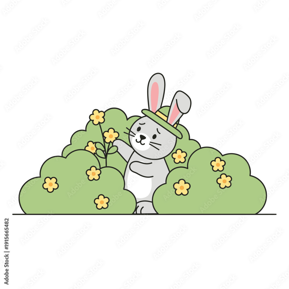Fototapeta premium Adorable Bunny Discovering Small Flowers Amongst Lush Green Bushes