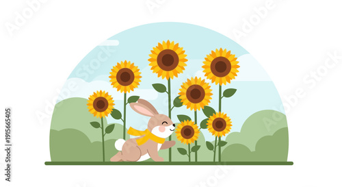 Adorable Bunny Among Blooming Sunflowers Nature Scene