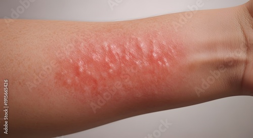 Close-up of Shingles Rash on Human Arm Detailed view of painful red skin rash with blisters caused by varicella-zoster virus. Illustrates shingles symptoms, viral