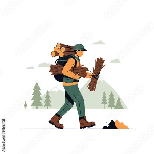 Adventurous Hiker Carries Firewood Through Scenic Mountain Landscape For Survival