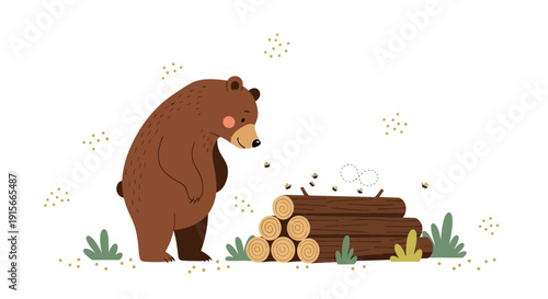A Curious Bear Contemplates Logs and Its Unexpected Companions in the Woodland