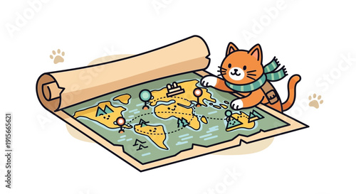 A Curious Cat Embarks on a Grand Adventure with a Detailed World Map and Plans