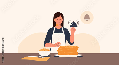 A Person Rings A Bell Next To A Stack Of Pancakes For Service