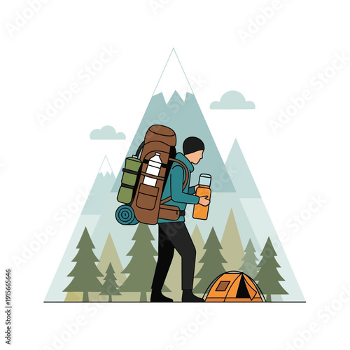 Adventurous Hiker Embarks on a Mountain Trek with Backpack and Thermos