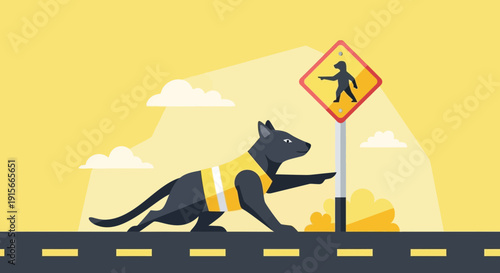 A Curious Canine Attempts Crossing a Street Under Pedestrian Crossing Sign