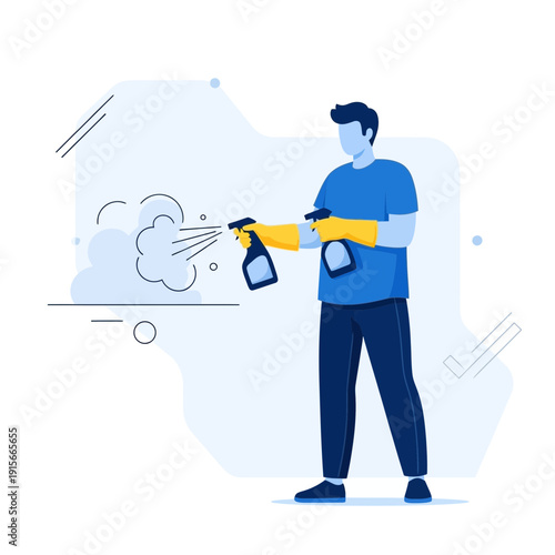 A Person Sanitizing Surfaces with Disinfectant Spray in a Modern, Flat Illustration Style