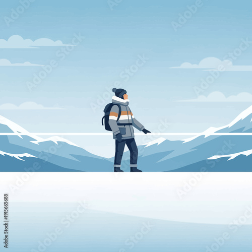 Adventurous Hiker Exploring Snowy Mountain Peaks Under Vast Sky