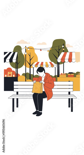 A Person Sits On A Bench At An Outdoor Market Examining Purchases