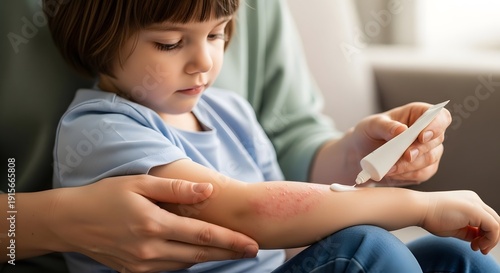allergy on the hand in a child, rash and redness, atopic dermatitis, women's hands apply ointment and cream to eczema areas