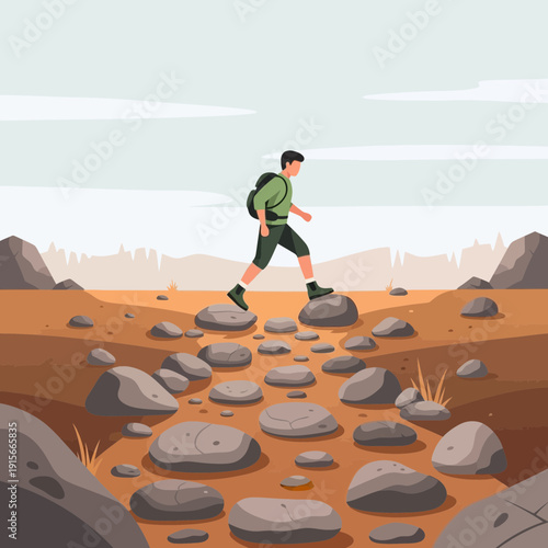 Adventurous Hiker Navigates Rocky Terrain Towards Horizon