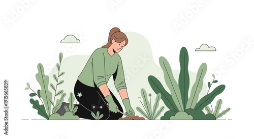 A Person Tending To A Lush Garden With Lush Greenery And A Serene Sky