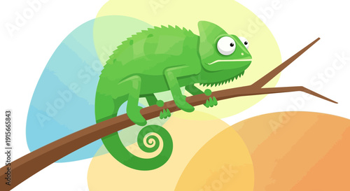 A Curious Green Chameleon Perched Upon A Branch With Playful Background Colors