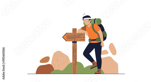 Adventurous Hiker Pauses At Directional Sign Post