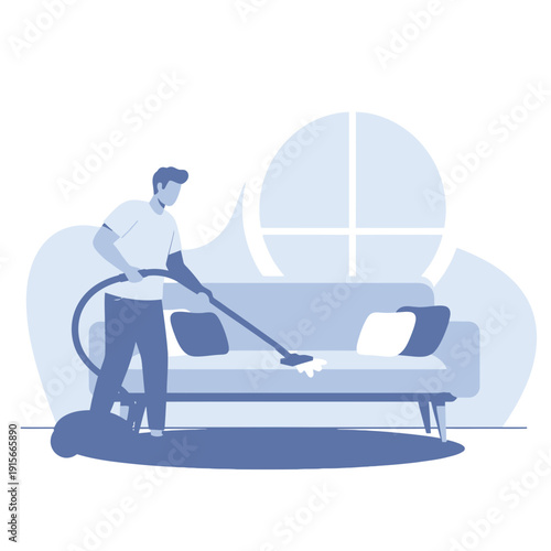 A Person Vacuuming A Sofa In A Room Depicting Cleaning And Household Chores